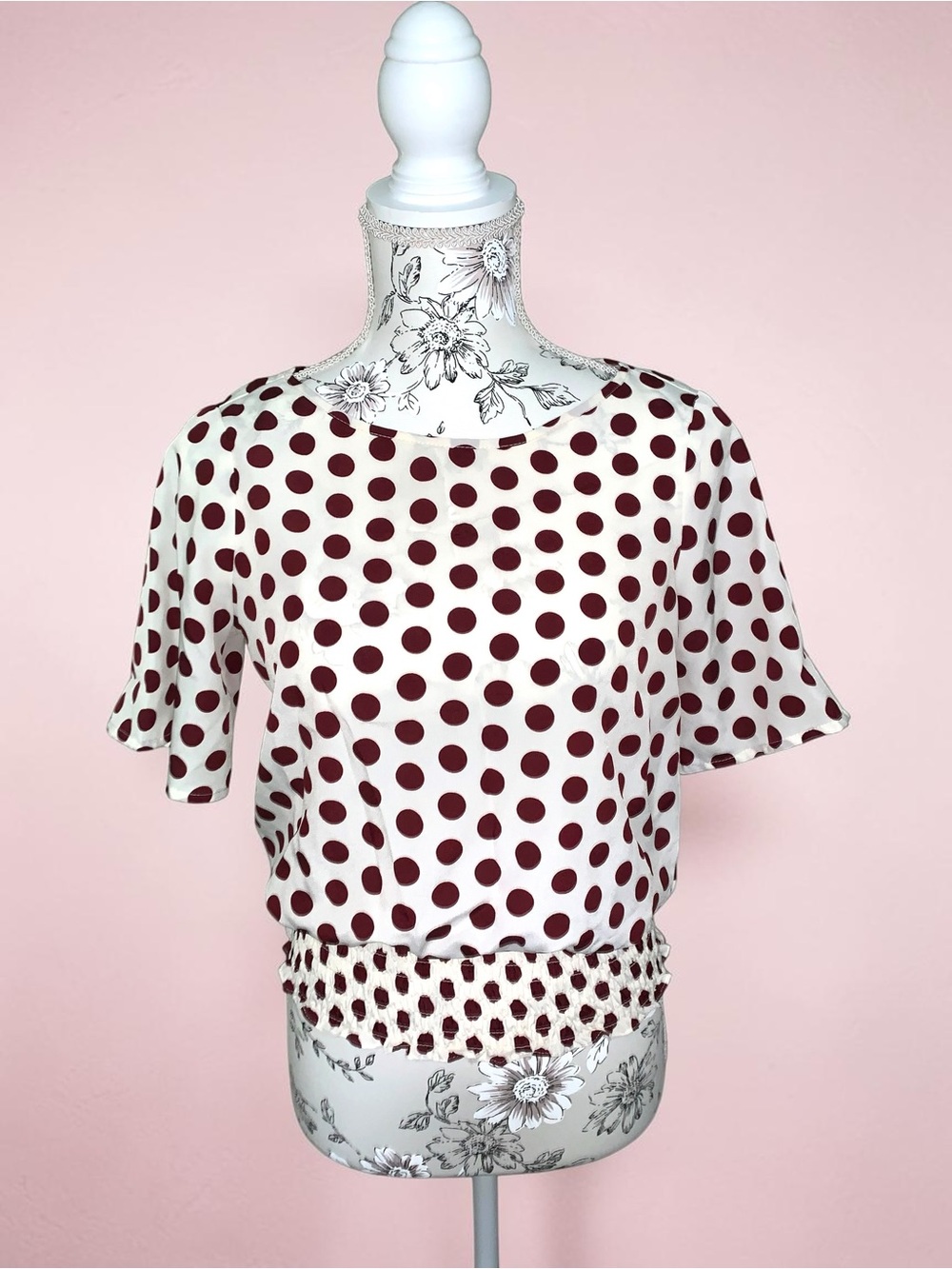 Michael Kors Polka Dot Short Sleeve Blouse in Ivory and Burgundy